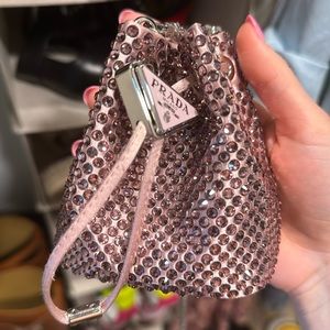 Pink crystal embellished Prada mini sack